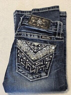Miss Me Mid-Rise Bootcut Jeans – Size 24 (Geometric Sequin & Rhinestone Pockets)